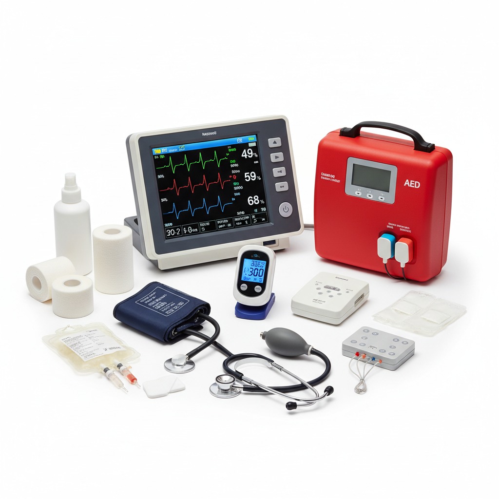 Various medical devices, including a patient monitor, AED, blood pressure cuff, and stethoscope, are arranged on a white surface.
