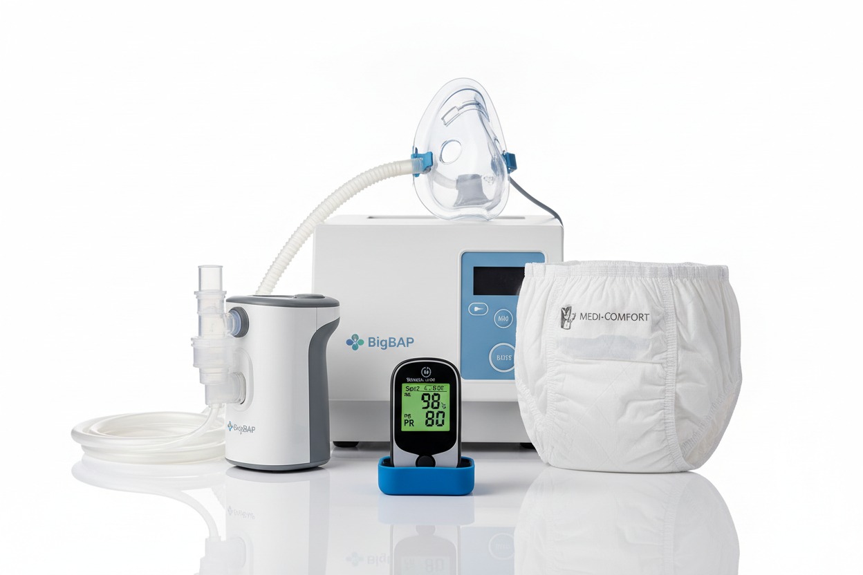 A medical device setup with a large white unit, an oxygen mask, a nebulizer, a pulse oximeter, and a package of adult incontinence briefs.